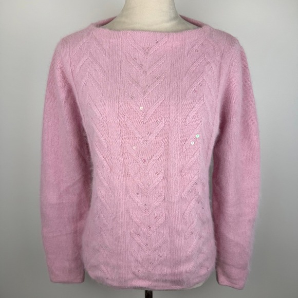 White Stag Sweaters - Vintage 90's White Stag Pink Angora & Lambswool Blend Sequin Cable Knit Sweater